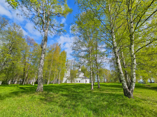 Assumption Cathedral. Orthodox church on Cathedral Hill in spring Plyos. Scenic view of small and picturesque old town of Plyos on bank of Volga river in springtime, Russia.
