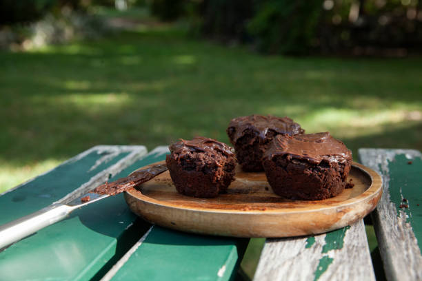 Three chocolate iced cupcakes on a wooden plate placed on a green picnic table outdoors in nature