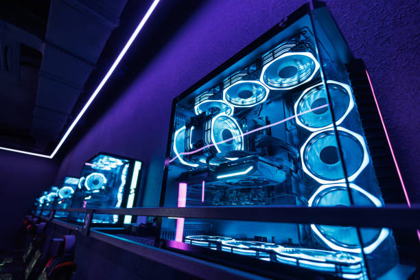 istock Gaming computer with light. Components of a liquid-cooled computer with a modern graphics card. 2172005650