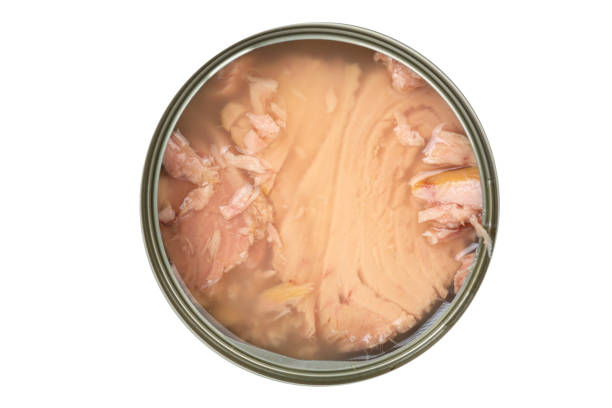 istock Tuna fish in opened tin can isolated on white background. Top view 2172007212