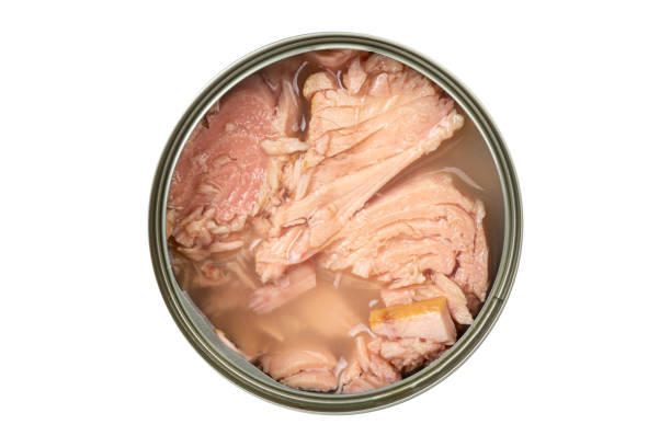 istock Tuna fish in opened tin can isolated on white background. Top view 2172007214