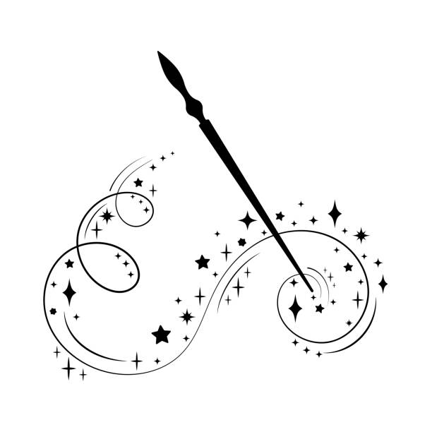 kuvapankkikuvitukset aiheesta taikasauva. keijupölyn pyörivä liike. tähdet, kipinät, keijujen noituus. taikasauvan ja loitsun siluetti. ihmeen symboli - vaellussauva