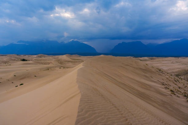 Expansive desert dunes stretch under a dramatic sky with sunbeams breaking through the clouds, creating a serene and awe-inspiring landscape.