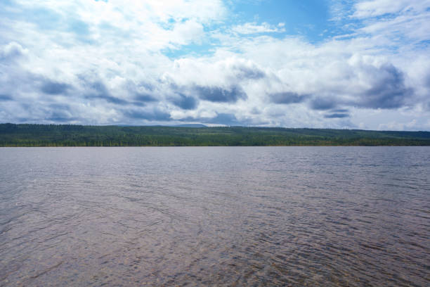 A serene lake with clear waters stretches out towards distant mountains under a bright blue sky with scattered clouds, creating a peaceful and picturesque natural landscape.