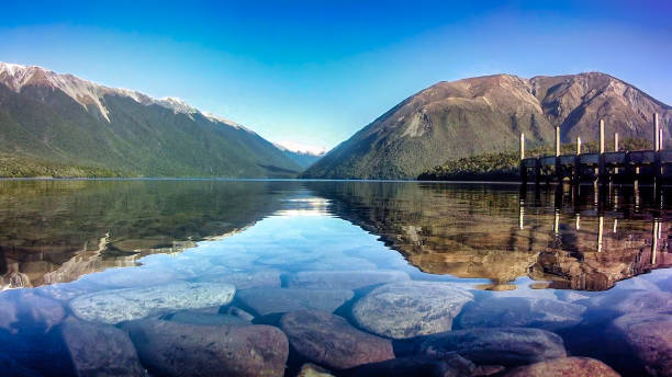 Mirror reflections on the Forest enclosed Lake Rotoiti at St Arnaud Nelson