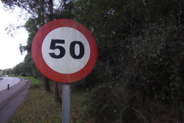 istock 50 km/h Speed Limit Sign on Forest Road 2172029698