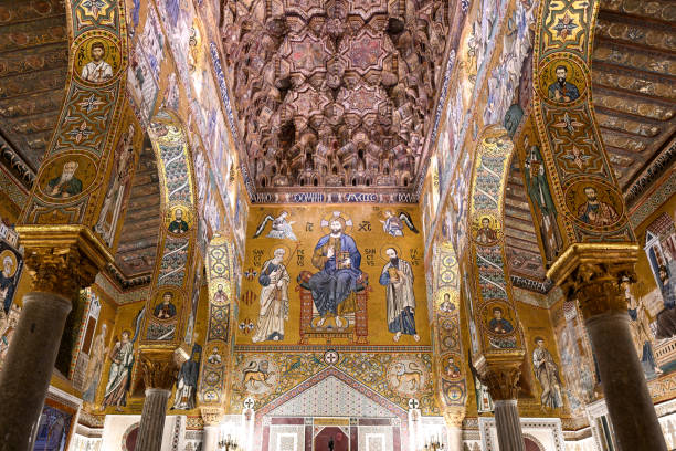 Palermo, Italy - Aug 29, 2023: Interior of The Palatine Chapel with its golden mosaics. The chapel is the royal chapel of the Norman kings of Sicily within the Byzantine Palazzo Reale.