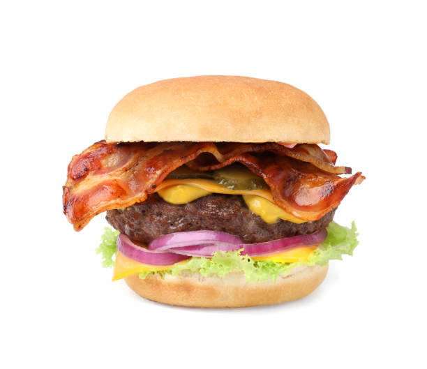 istock Tasty burger with bacon, vegetables and patty isolated on white 2172041243