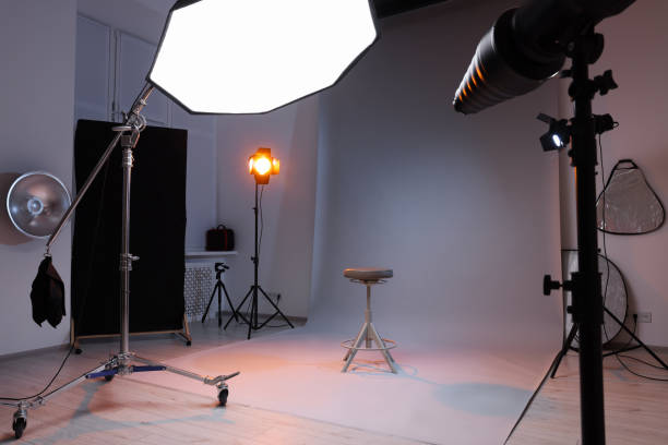istock Casting call. Chair and different equipment in modern studio 2172043036