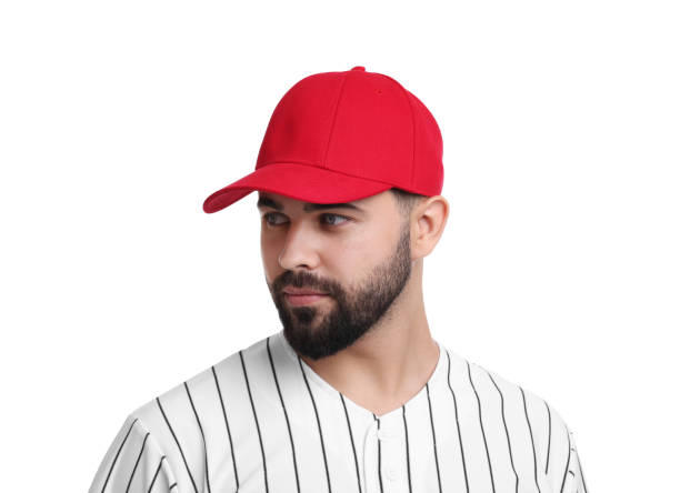 istock Man in stylish red baseball cap on white background 2172044625
