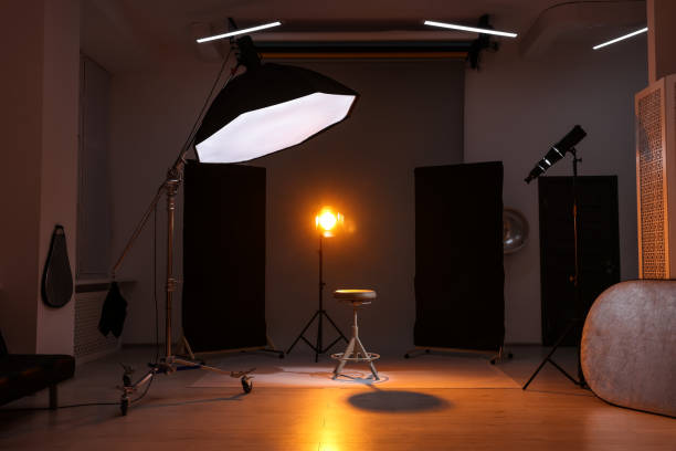 istock Casting call. Chair and different equipment in modern studio 2172046555