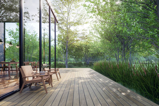 istock Modern contemporary wooden terrace surrounded by nature 3d render, 2172047145