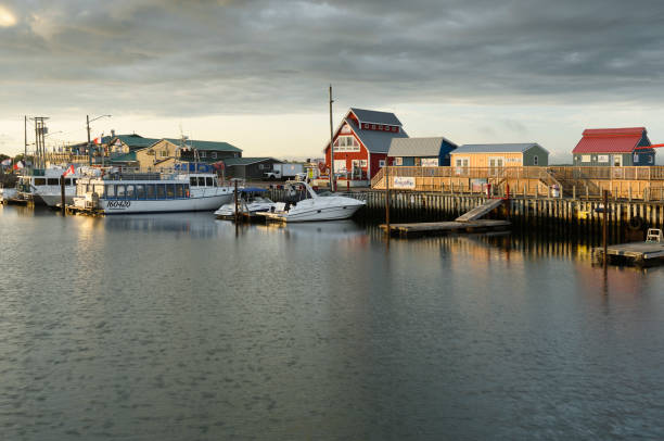 Canada, Shediac - August 22, 2024: Shedia harbor with tour boats, fishing boats, restaurants and stores at sunrise. Shediac is considered as one of the most important Acadian region and of course, the lobster capital