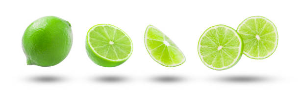 istock Lime with slices flying collection isolated on white background. 2172053947