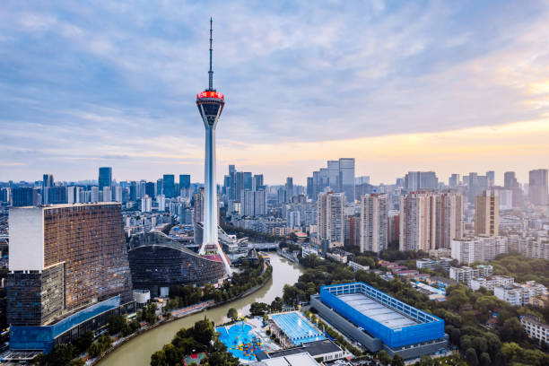 aerial view of the skyline of chengdu 339 tv tower in chengdu, sichuan province, china - chengdu stock-fotos und bilder