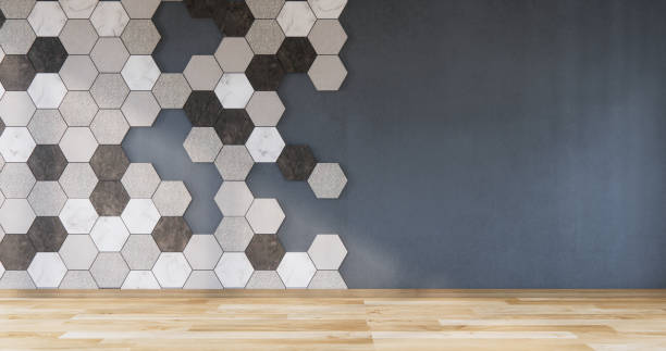 istock Mockup White hexagon tiles on blue wall Modern room minimalist.3D rendering 2172057196
