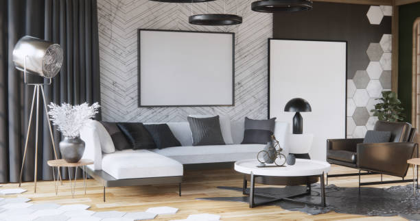 istock armchair sofa and decoration plants on hexagon tiles wall Modern room minimalist.3D rendering 2172057310