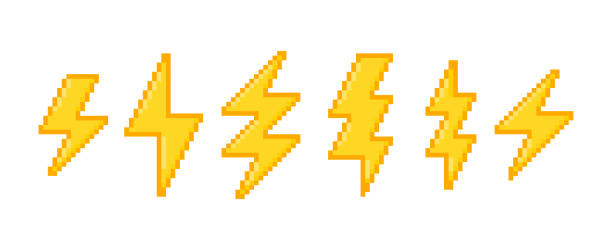 istock Set of lightning bolt, thunder, electric or weather icon in pixel art style. Retro vector illustration on a white background. 2172058924