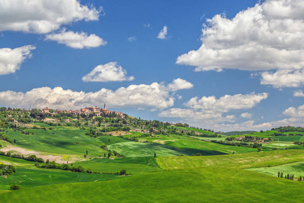 istock Pienza in Tuscany with vast green fields around 2172060467