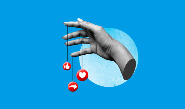 Social media creative concept hand blue background. Art collage digital pop modern art