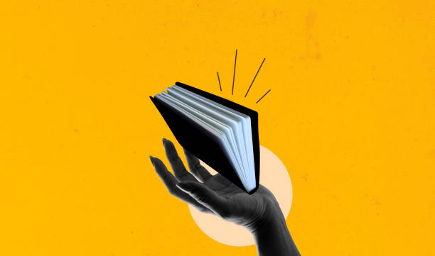 istock Hand holding open book over yellow background. Art collage digital pop modern art 2172065819
