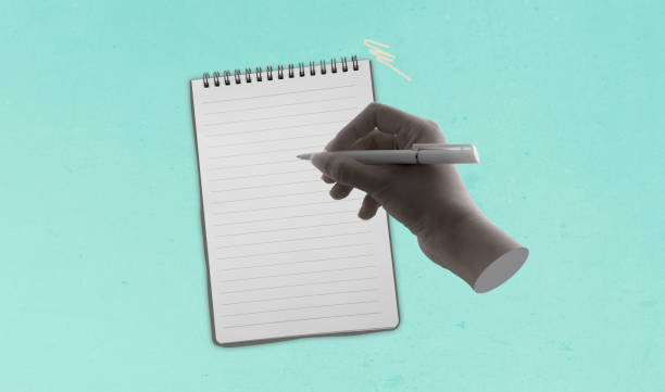 Human hand with pen write on paper on green background, conceptual image. Mockup with empty copy space for text and design. Art collage digital pop modern art