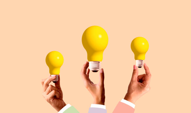 istock Hand holding yellow light bulb 3d illustration on light cream color isolated background. Art collage digital pop modern art 2172065910