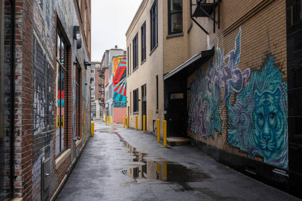 Aerially receding over a neighborhood and capturing the sight of street art stretching across the entire length of an exterior wall on a vacant building. Syracuse, NY, USA - April 19, 2025.