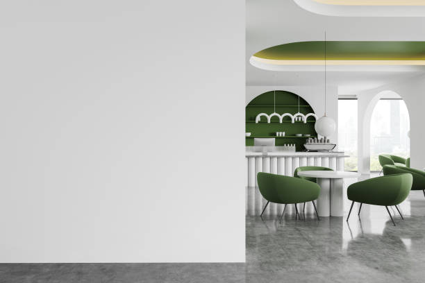 istock Colored restaurant interior with counter and dining space, window. Mockup wall 2172070822