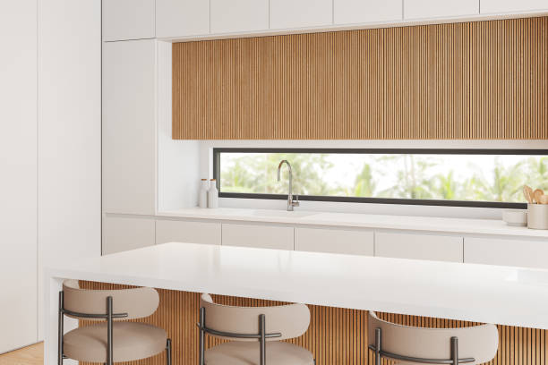 istock Modern kitchen with white and wood accents, minimalist design. 3D Rendering 2172071067
