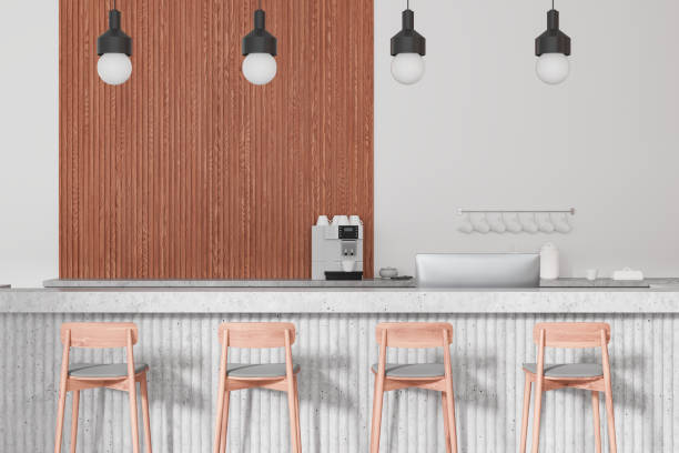 istock Cafe interior with bar island and coffee machine, counter with kitchenware 2172071859