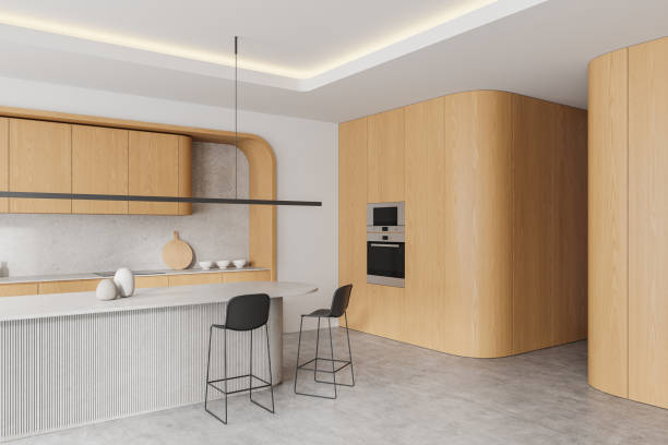 istock Cozy home kitchen interior with cooking cabinet, bar island and kitchenware 2172072125