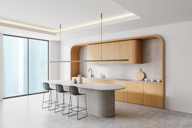istock Modern kitchen interior with wooden cabinets and island. 3D Rendering 2172072544