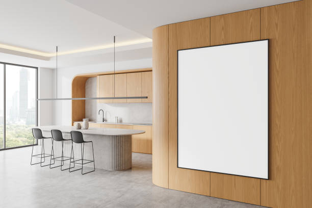 istock Stylish home kitchen interior with cooking cabinet, bar counter. Mockup poster 2172072906