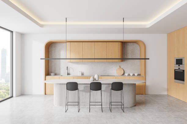 istock Modern kitchen interior with wooden cabinets and island. 3D Rendering 2172073401