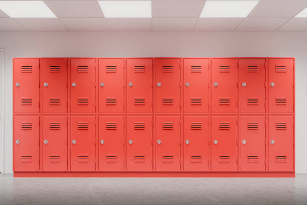 istock School hallway with lockers in row, back to school concept 2172073453