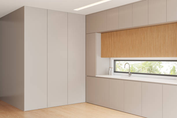 istock Wooden home kitchen interior with cooking cabinet and panoramic window 2172073680