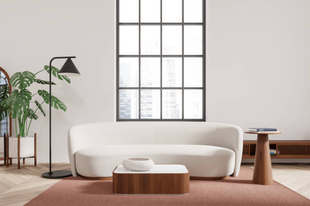 istock White home living room interior with sofa and coffee table, panoramic window 2172073741