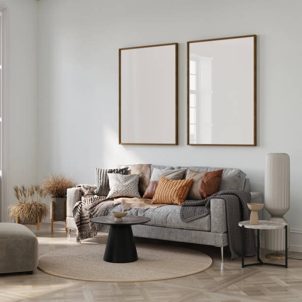 istock Cozy living room interior with mock up poster on wall background. 2172075832