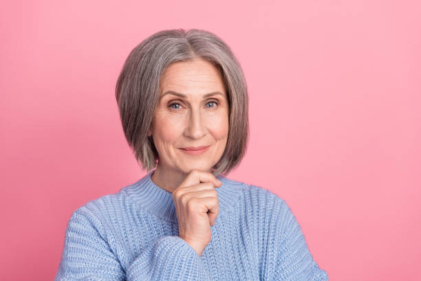 istock Photo of adorable smart wise lady wear blue stylish clothes make solution answer empty space folded isolated on pink color background 2172097024
