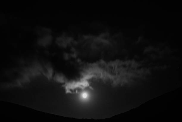 istock Moon and clouds silhouettes on dark night sky, blurred background. 2172098647