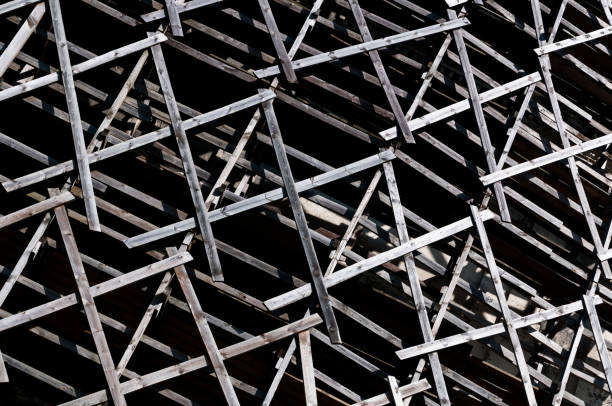 Wooden scaffolding on restoration site of the old monastery, Pidkamin, Ukraine