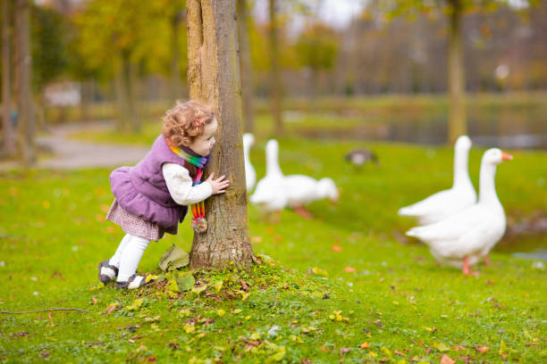Happy children playing in beautiful autumn park on warm sunny fall day. Kids play with golden maple leaves.