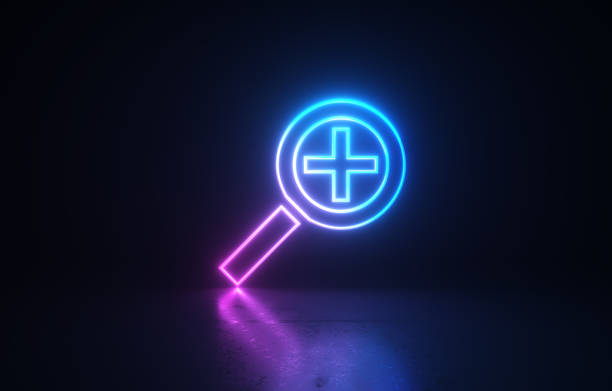 Neon magnifier symbol on black background. Horizontal composition.