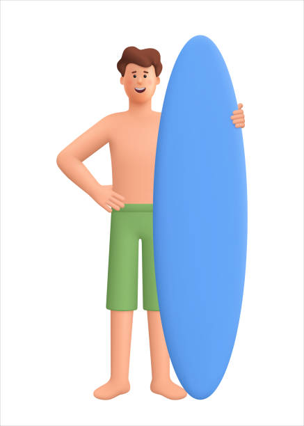 istock Young smiling man in swimming trunks with surfing board. Summer sports concept. 3d vector people character. Cartoon minimal style. 2172105828