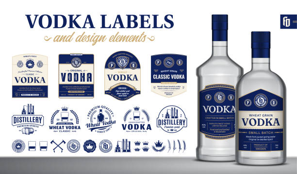 Vector vodka labels, badges, icons and design elements Vector blue and beige vodka labels. Realistic vodka glass bottle mockups. Distillery branding and identity design elements label stock illustrations