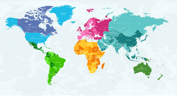 ilustrações de stock, clip art, desenhos animados e ícones de highly detailed world map with color-coded continents for easy identification - world map
