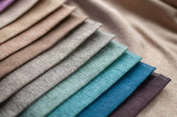 istock Beige, brown and blue textured fabrics for curtains and decorative pillowcases. 2172126035