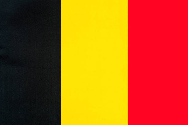 The national flag of Belgium with fabric texture waving in the wind on a blue sky. 3D Illustration