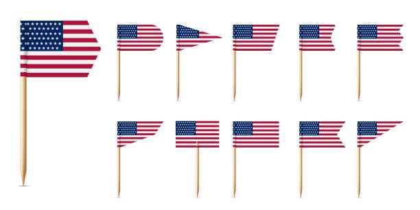 istock USA toothpick flags. US pennants on wooden stick. Realistic 3D location mark, map pointer and cocktail decoration. Vector set 2172135256